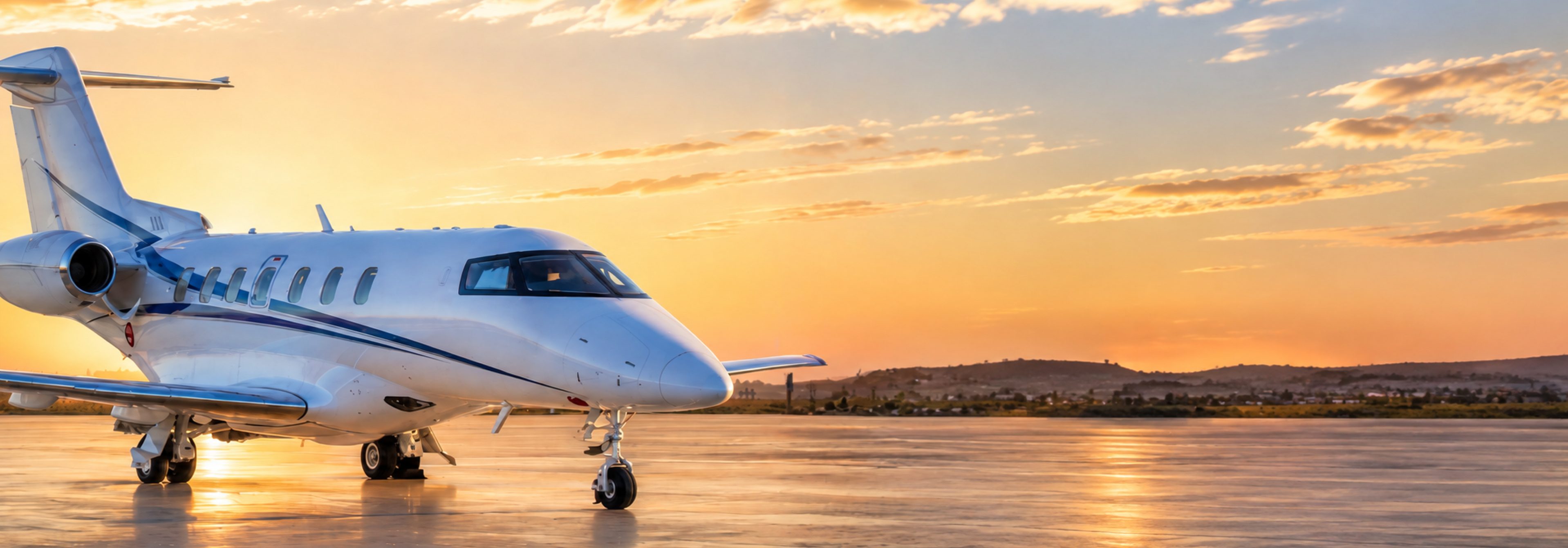 Pilatus PC-24 business jet at sunset