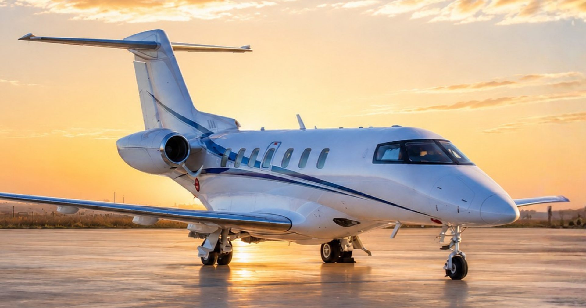 Business jet on the apron at sunset