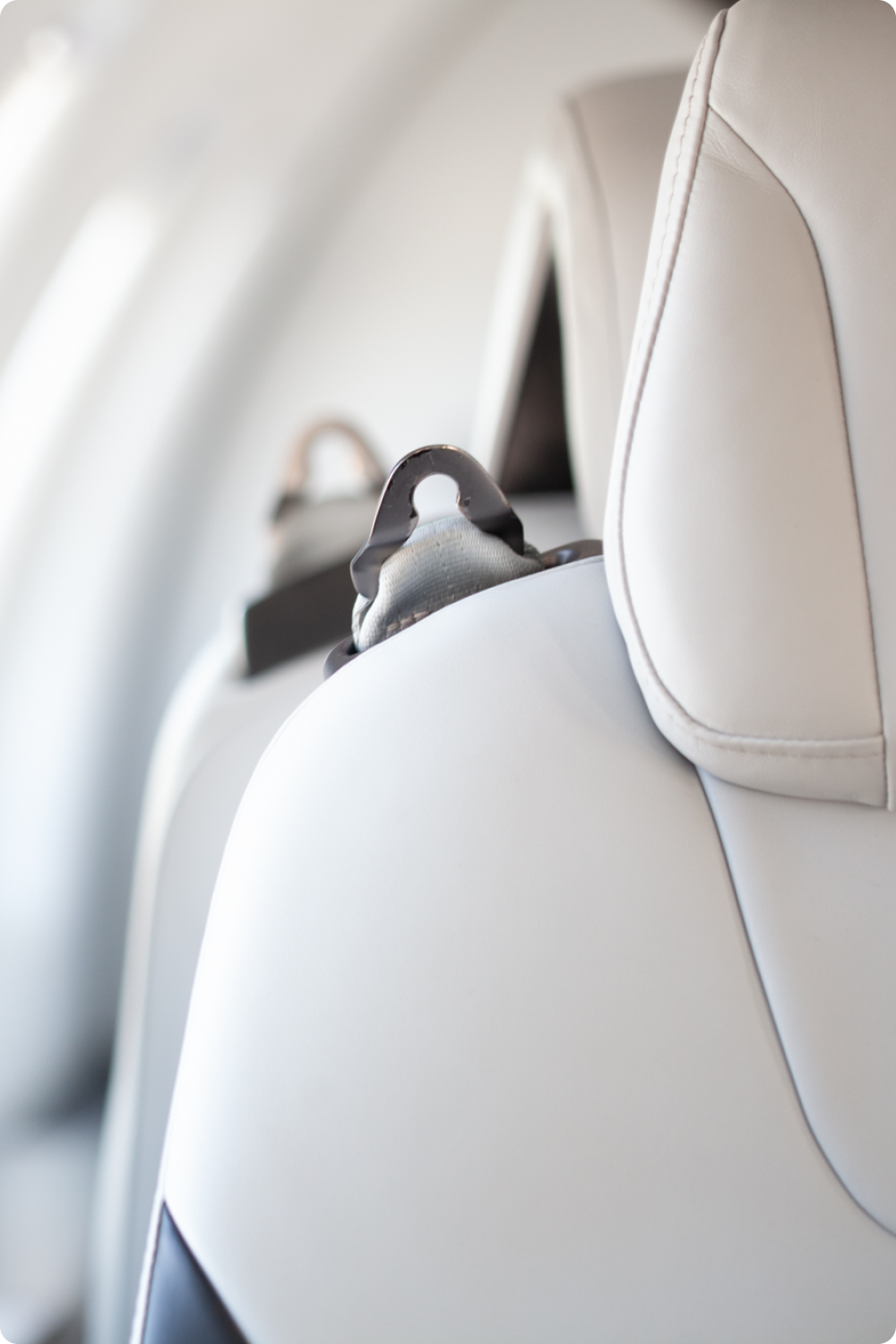 Close-up of a leather cabin seat headrest